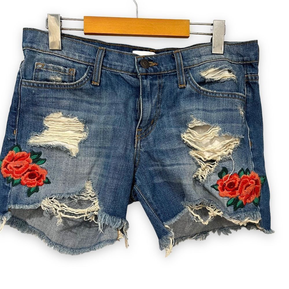 Flying Monkey Distressed Dark Blue Denim Shorts with Red Rose Embroidery